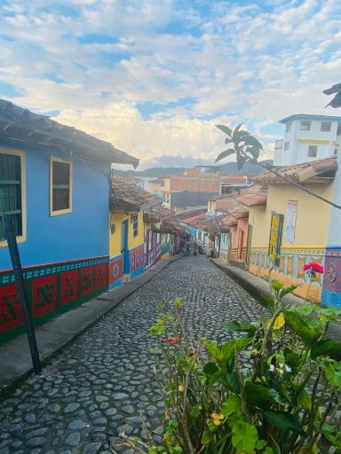 Rue en pente avec des maisons colorées et des pavés sous un ciel nuageux.