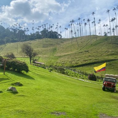 Paysage verdoyant des Andes avec palmiers, un drapeau colombien et véhicule tout-terrain.