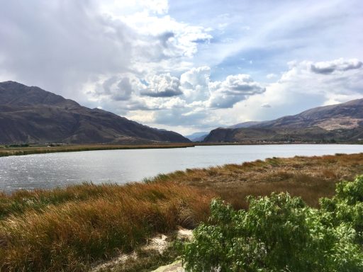 Lac entouré de collines, ciel nuageux et végétation au premier plan.