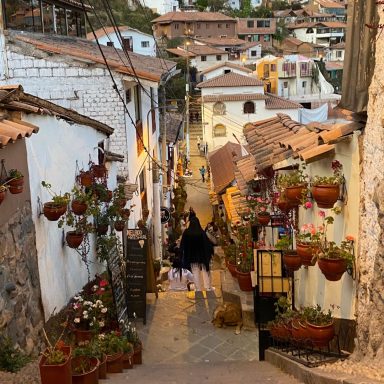 Rue pittoresque avec des maisons colorées et des pots de fleurs suspendus.