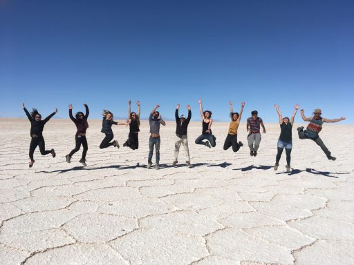 Groupe de personnes sautant sur un terrain de sel sous un ciel bleu.